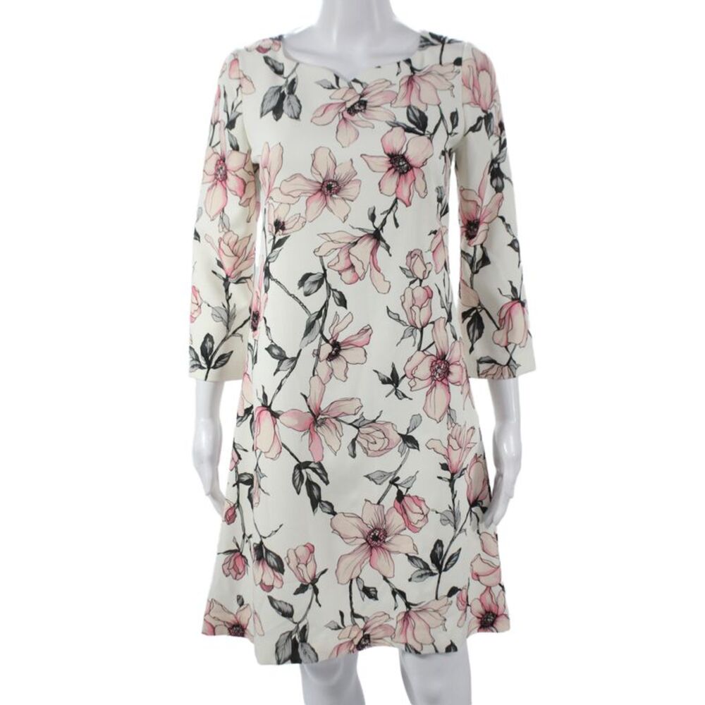 Jane Womens Shift Dress Ivory Sweetheart 3/4 Sleeve Floral Knee Length Size 2